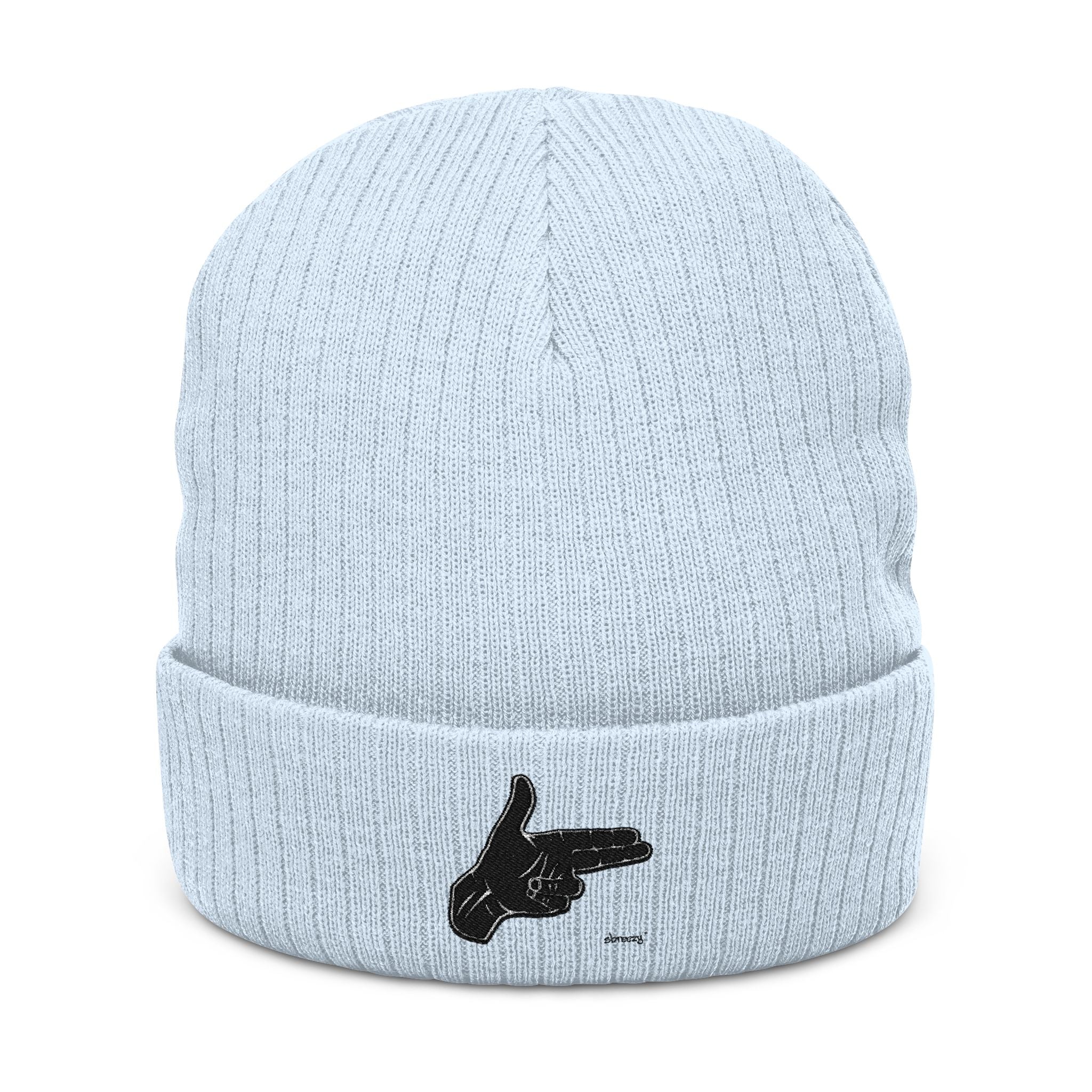 Embroidered Hand Gesture Ribbed Beanie — Minimal Black Knit Hat