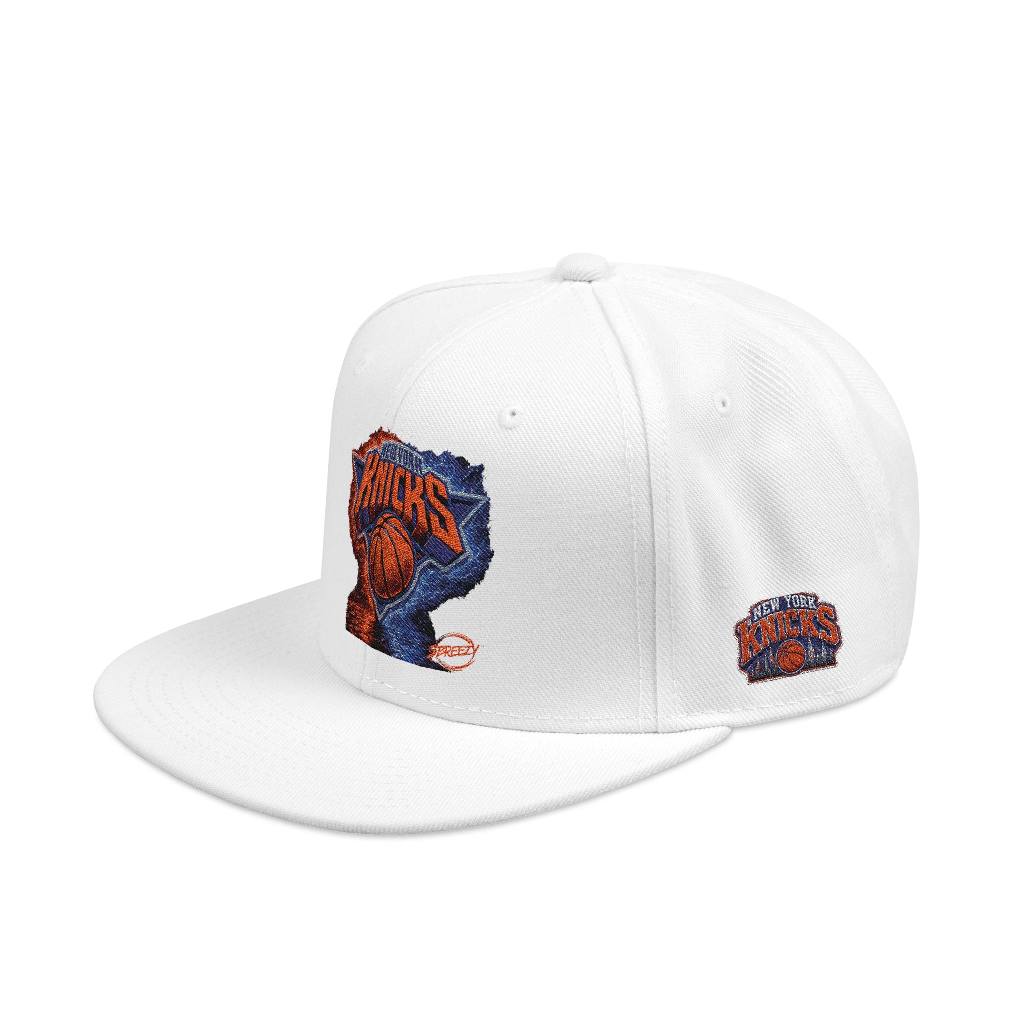 Knicks Embroidered Snapback Hat — Abstract Orange Blue Mosaic Design