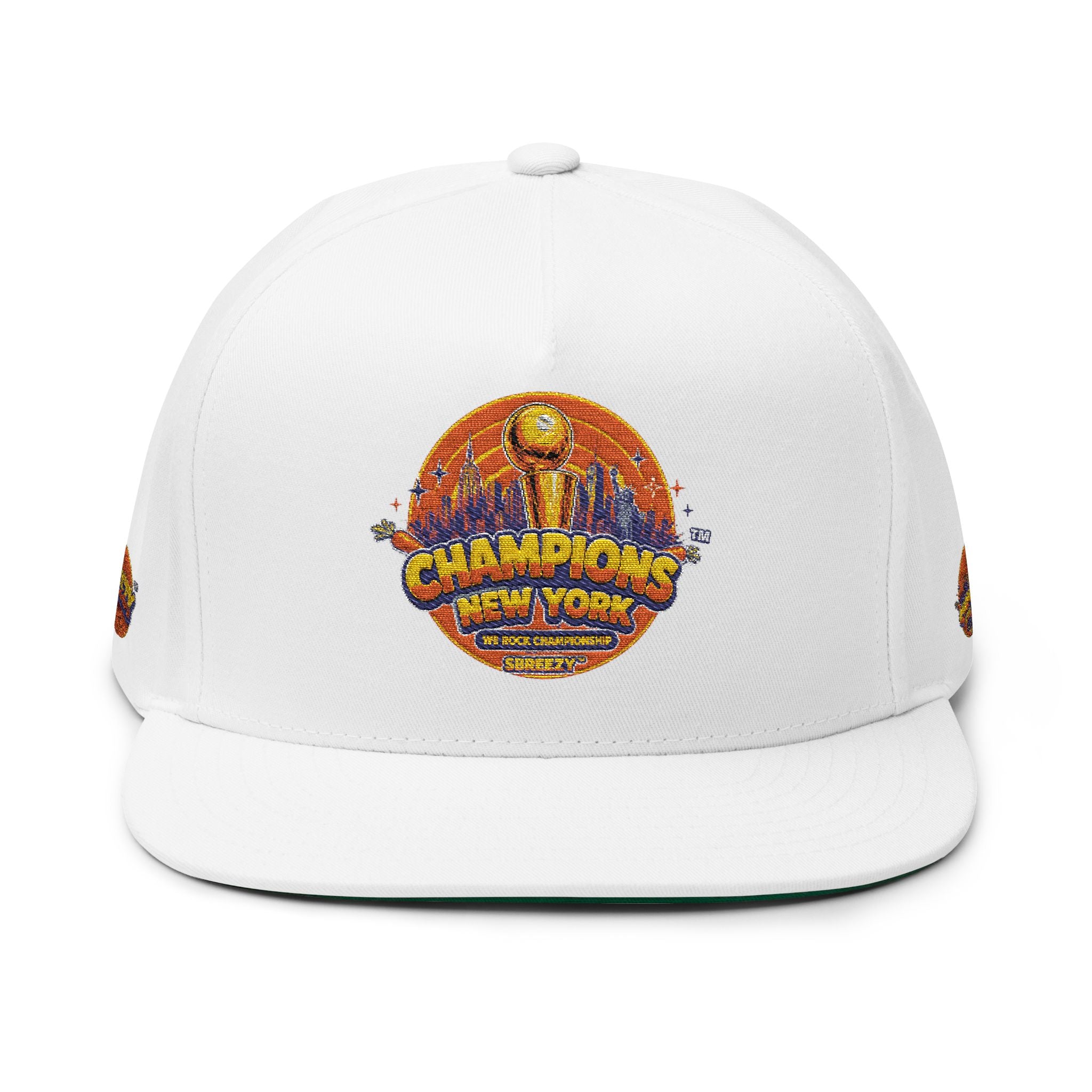 Champions Patch Flat Bill Cap — Embroidered New York Sports Snapback