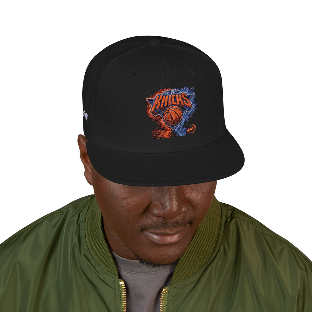 Knicks Embroidered Snapback Hat — Abstract Orange Blue Mosaic Design