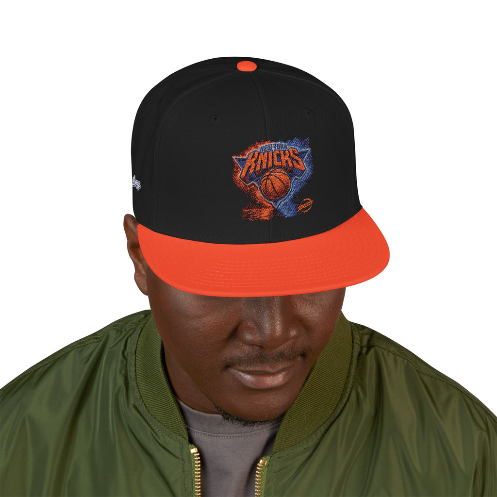 Knicks Embroidered Snapback Hat — Abstract Orange Blue Mosaic Design