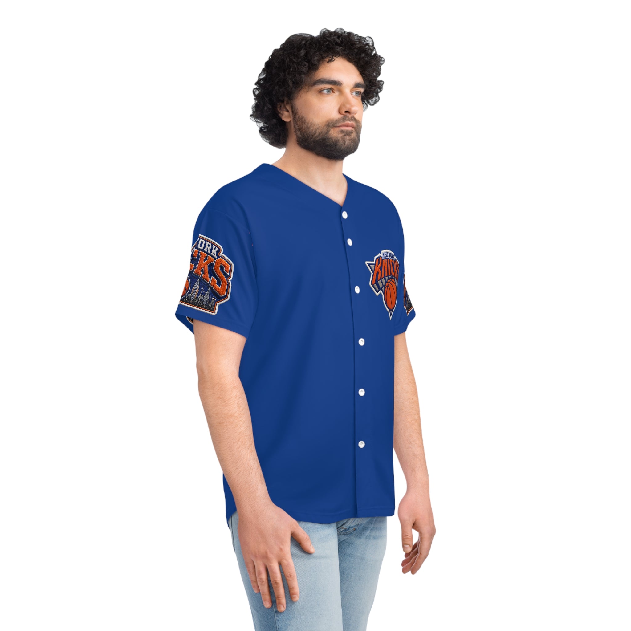 New York Knicks Baseball Jersey — NBA Team Fan Jersey with City Skyline