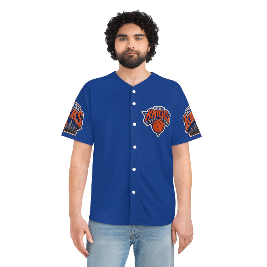 New York Knicks Baseball Jersey — NBA Team Fan Jersey with City Skyline