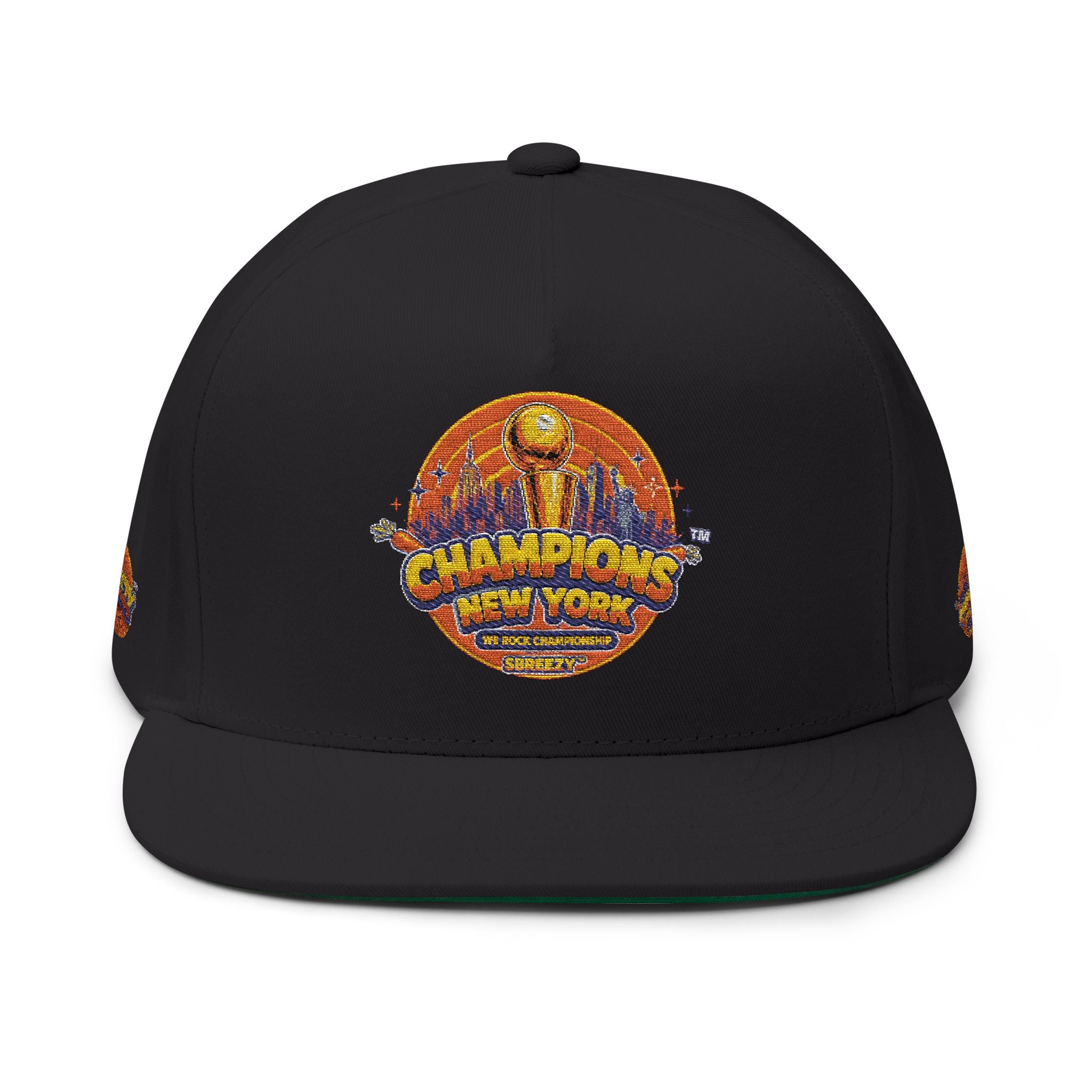 Champions Patch Flat Bill Cap — Embroidered New York Sports Snapback