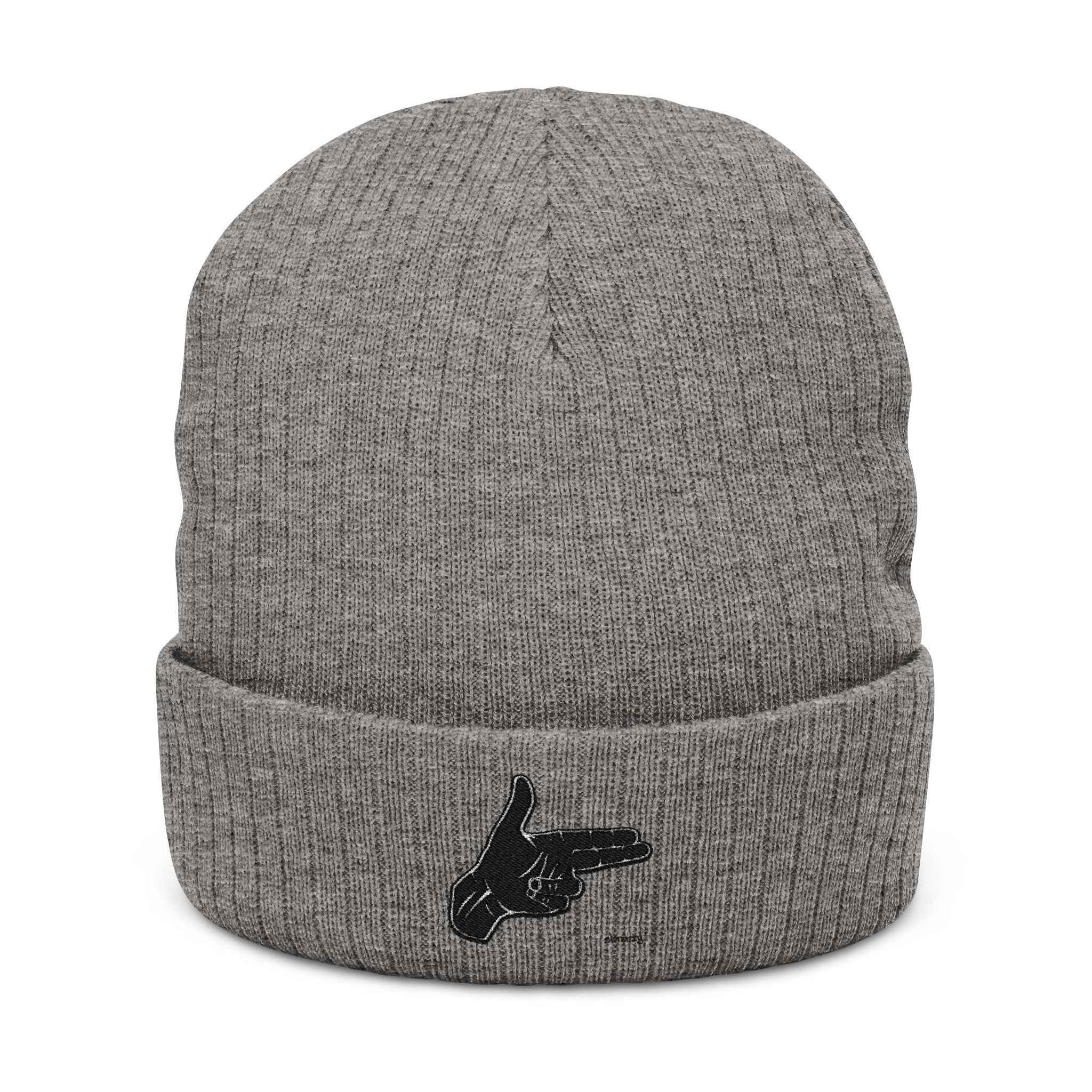 Embroidered Hand Gesture Ribbed Beanie — Minimal Black Knit Hat