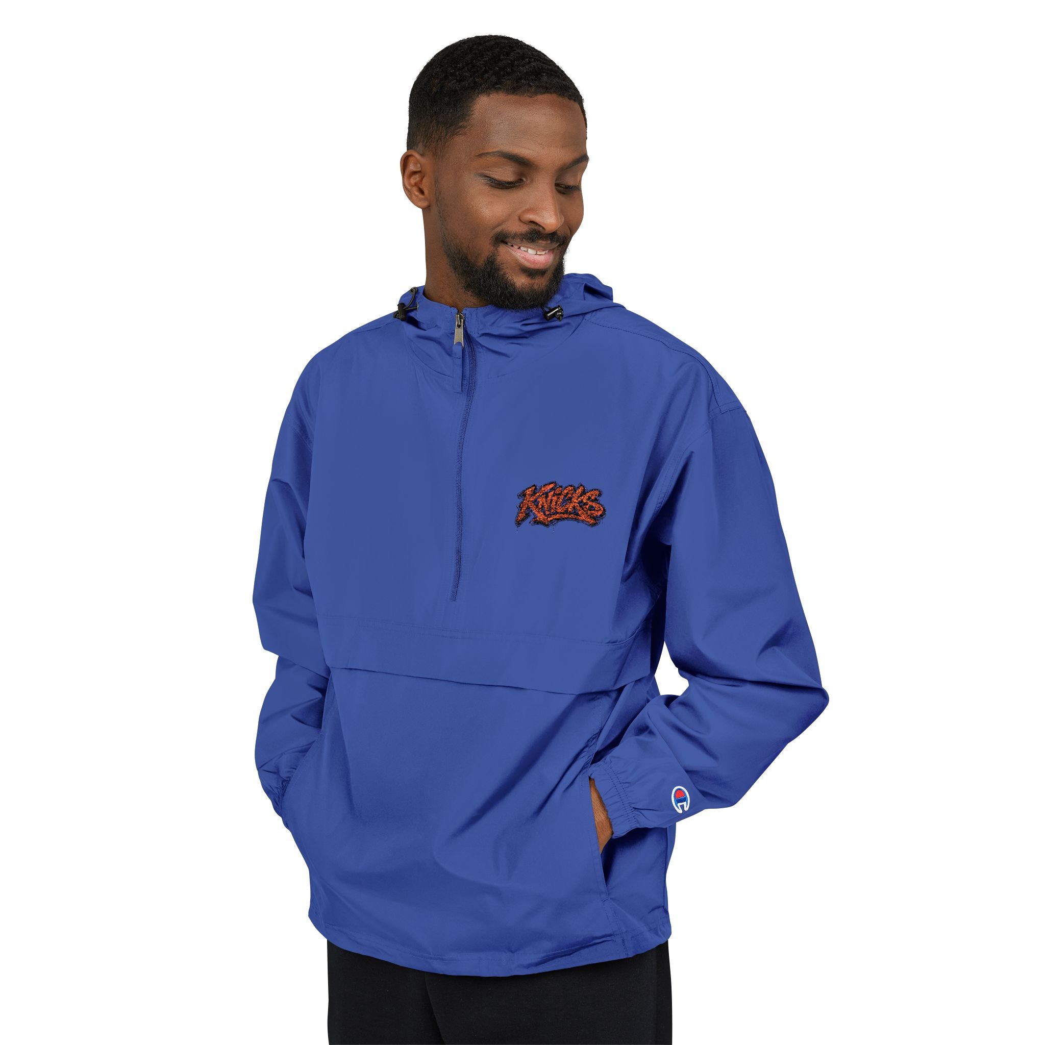 Knicks Jacket — Champion Packable Windbreaker with Orange Floral Logo