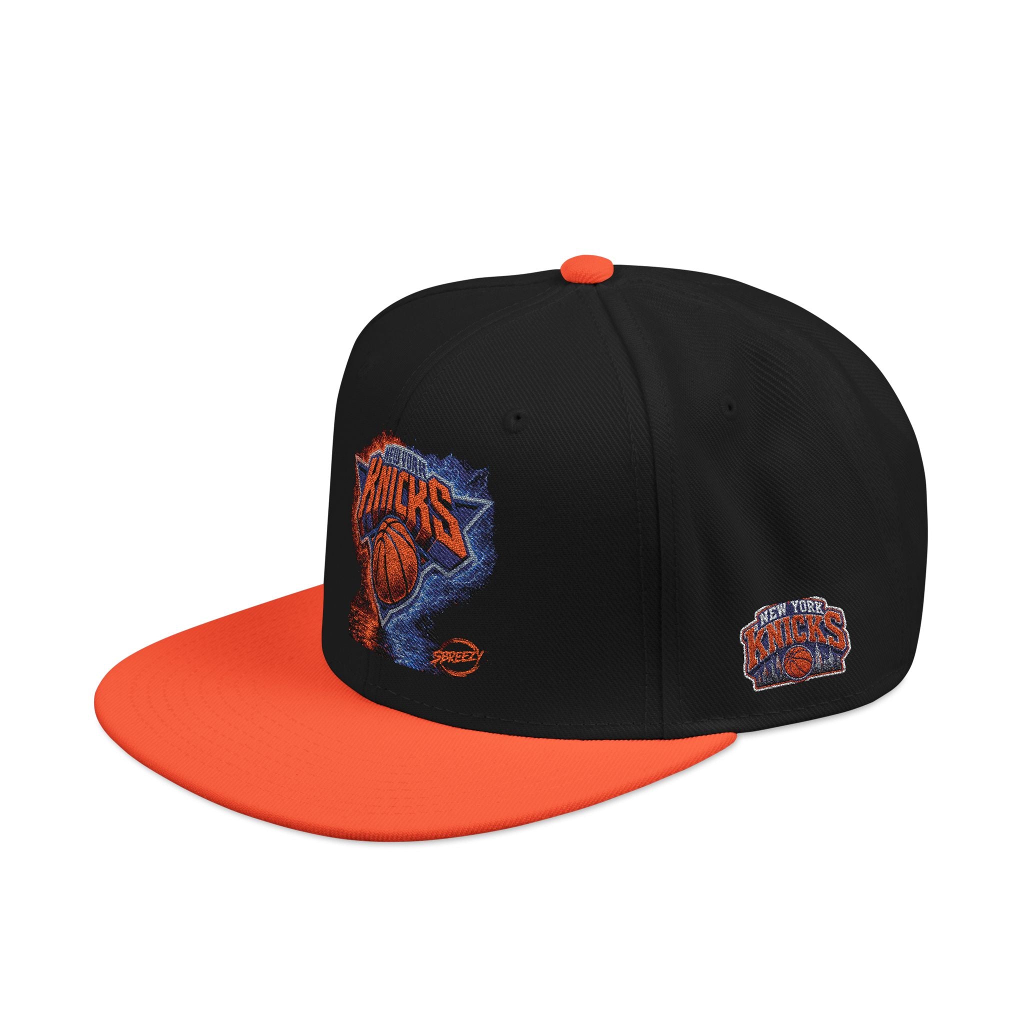 Knicks Embroidered Snapback Hat — Abstract Orange Blue Mosaic Design