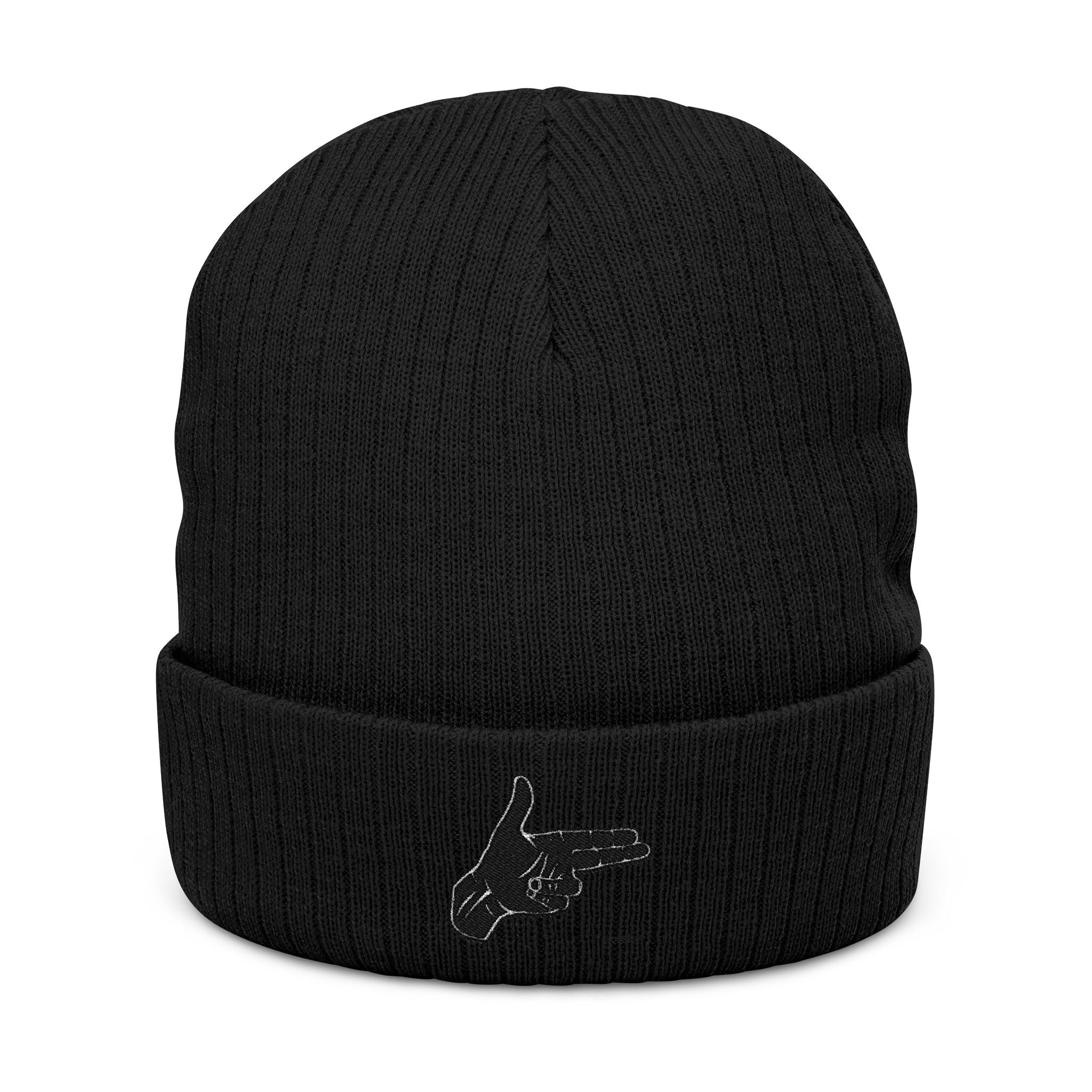 Embroidered Hand Gesture Ribbed Beanie — Minimal Black Knit Hat