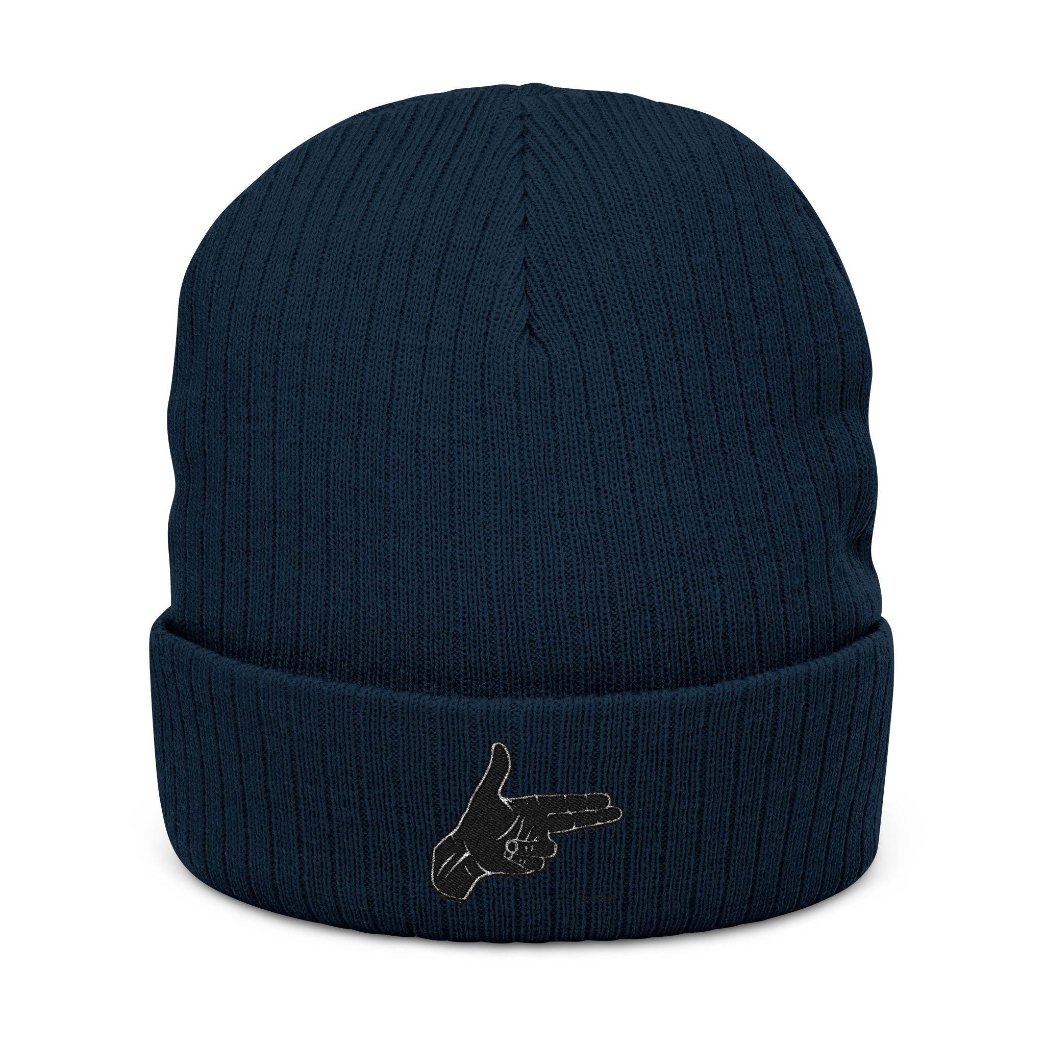 Embroidered Hand Gesture Ribbed Beanie — Minimal Black Knit Hat