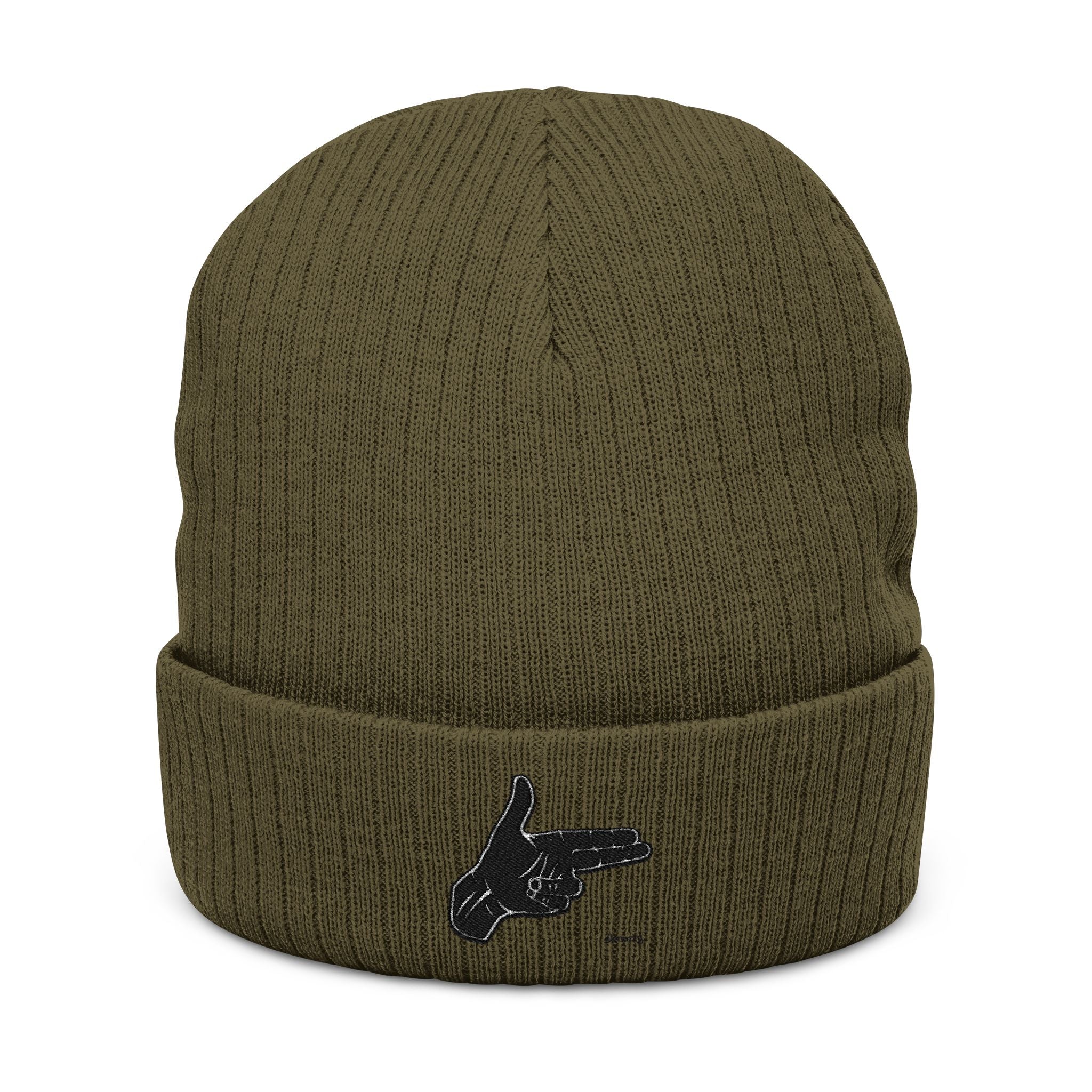 Embroidered Hand Gesture Ribbed Beanie — Minimal Black Knit Hat