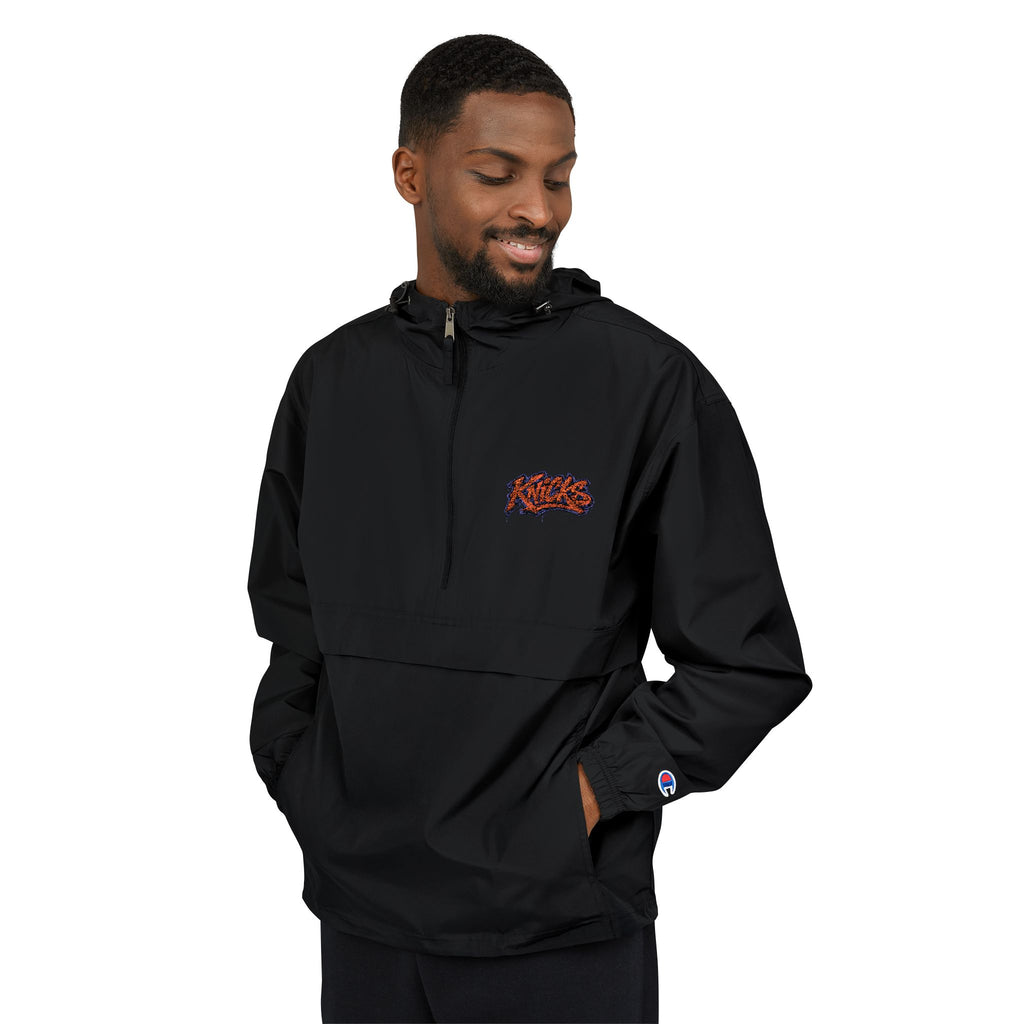 Knicks Jacket — Champion Packable Windbreaker with Orange Floral Logo