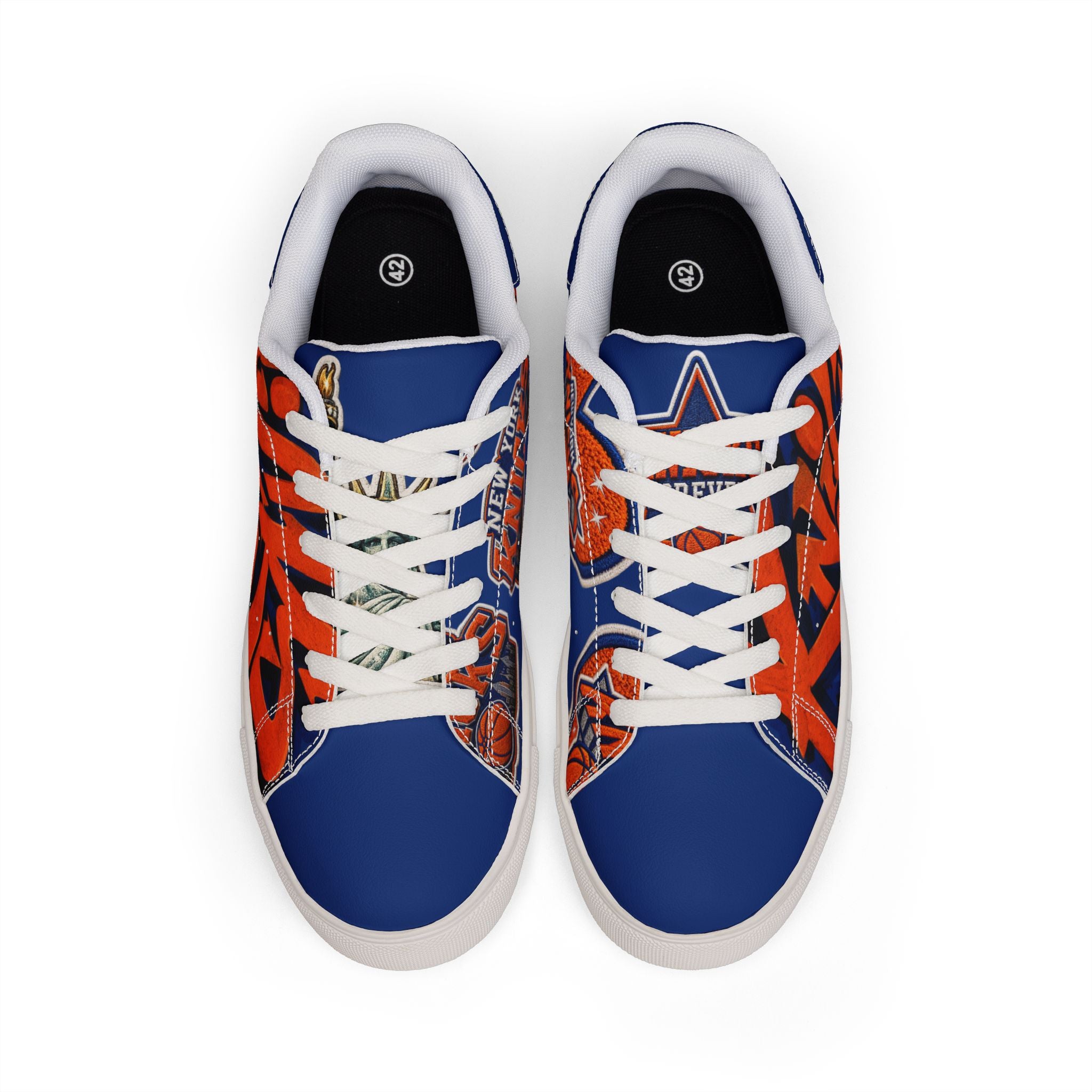 Women's Low-Top Sneakers — KNICKS Bold Blue & Orange Graffiti Design