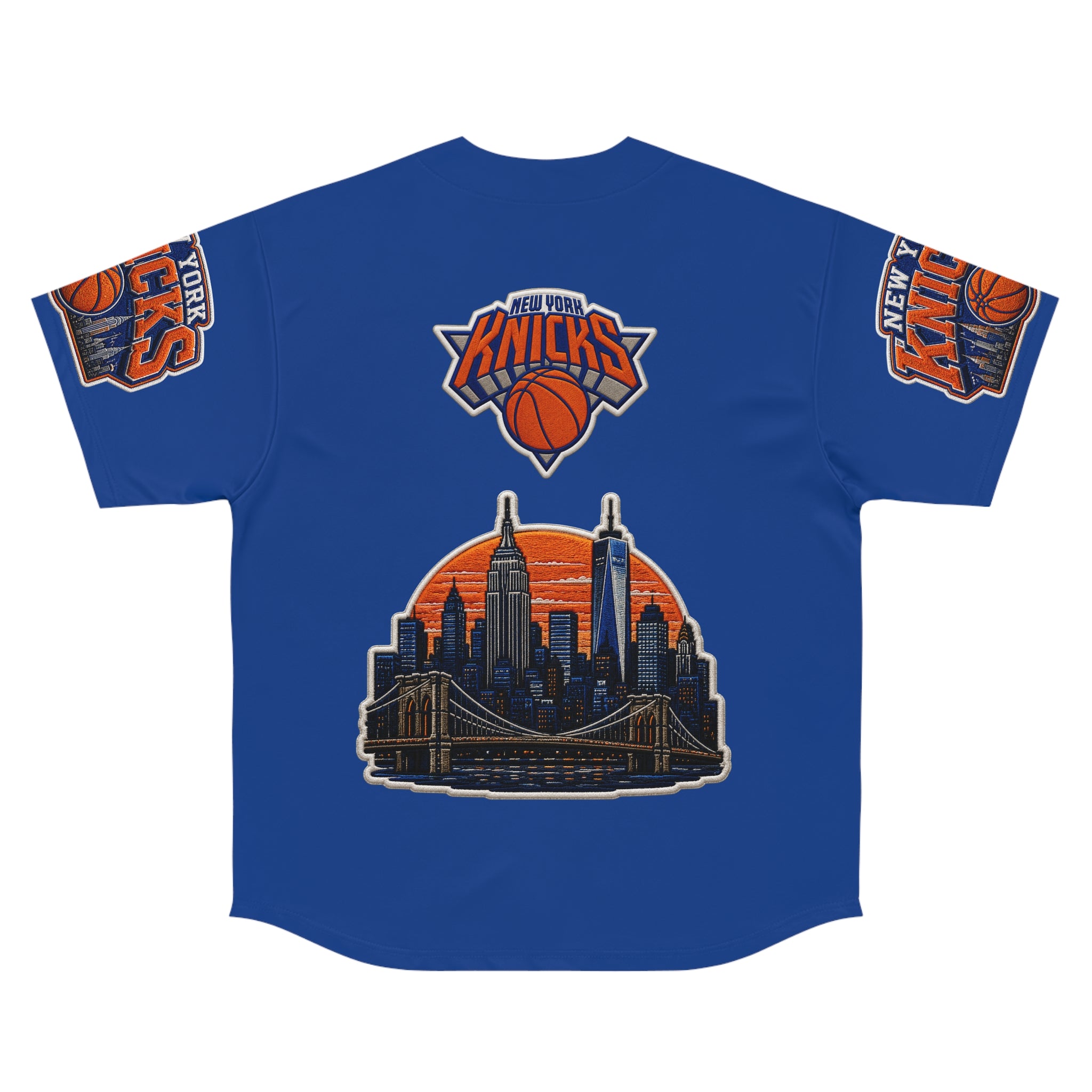 New York Knicks Baseball Jersey — NBA Team Fan Jersey with City Skyline