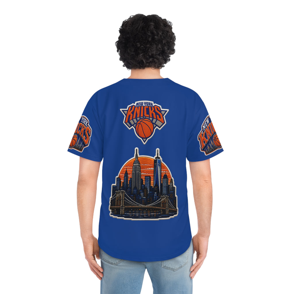 New York Knicks Baseball Jersey — NBA Team Fan Jersey with City Skyline