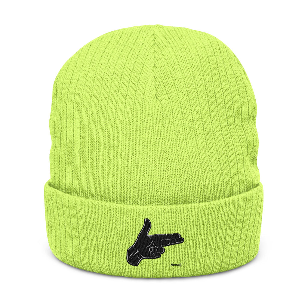 Embroidered Hand Gesture Ribbed Beanie — Minimal Black Knit Hat