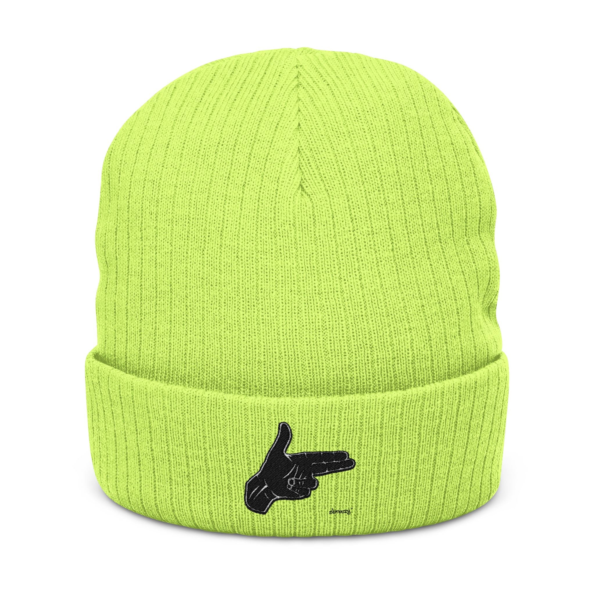 Embroidered Hand Gesture Ribbed Beanie — Minimal Black Knit Hat