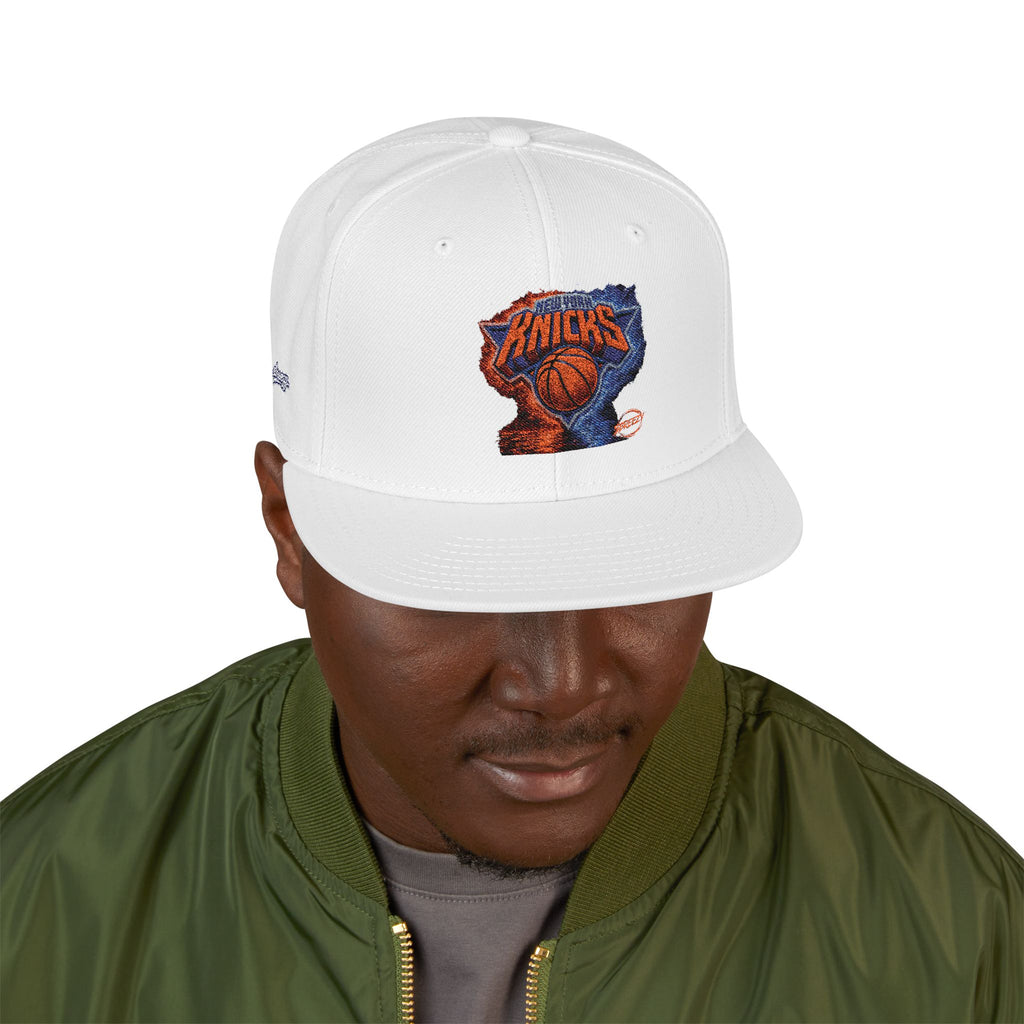 Knicks Embroidered Snapback Hat — Abstract Orange Blue Mosaic Design