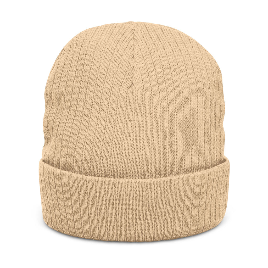 Embroidered Hand Gesture Ribbed Beanie — Minimal Black Knit Hat