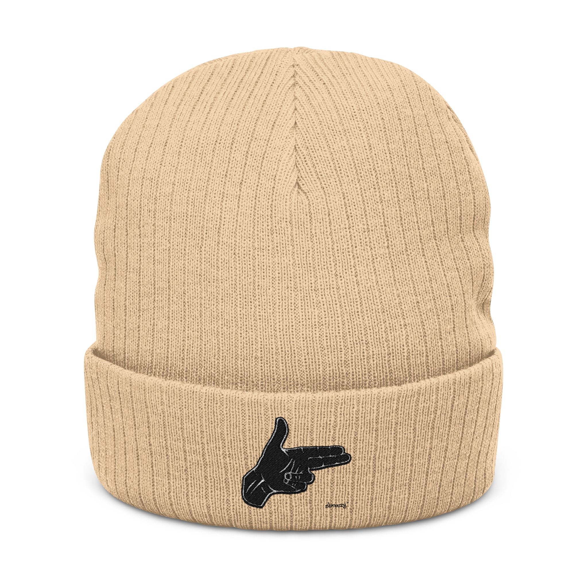 Embroidered Hand Gesture Ribbed Beanie — Minimal Black Knit Hat