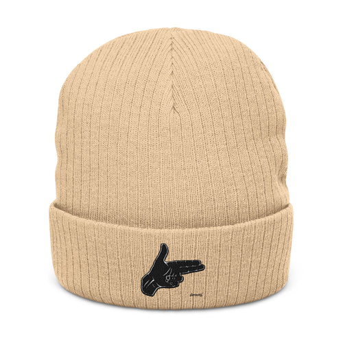 Embroidered Hand Gesture Ribbed Beanie — Minimal Black Knit Hat