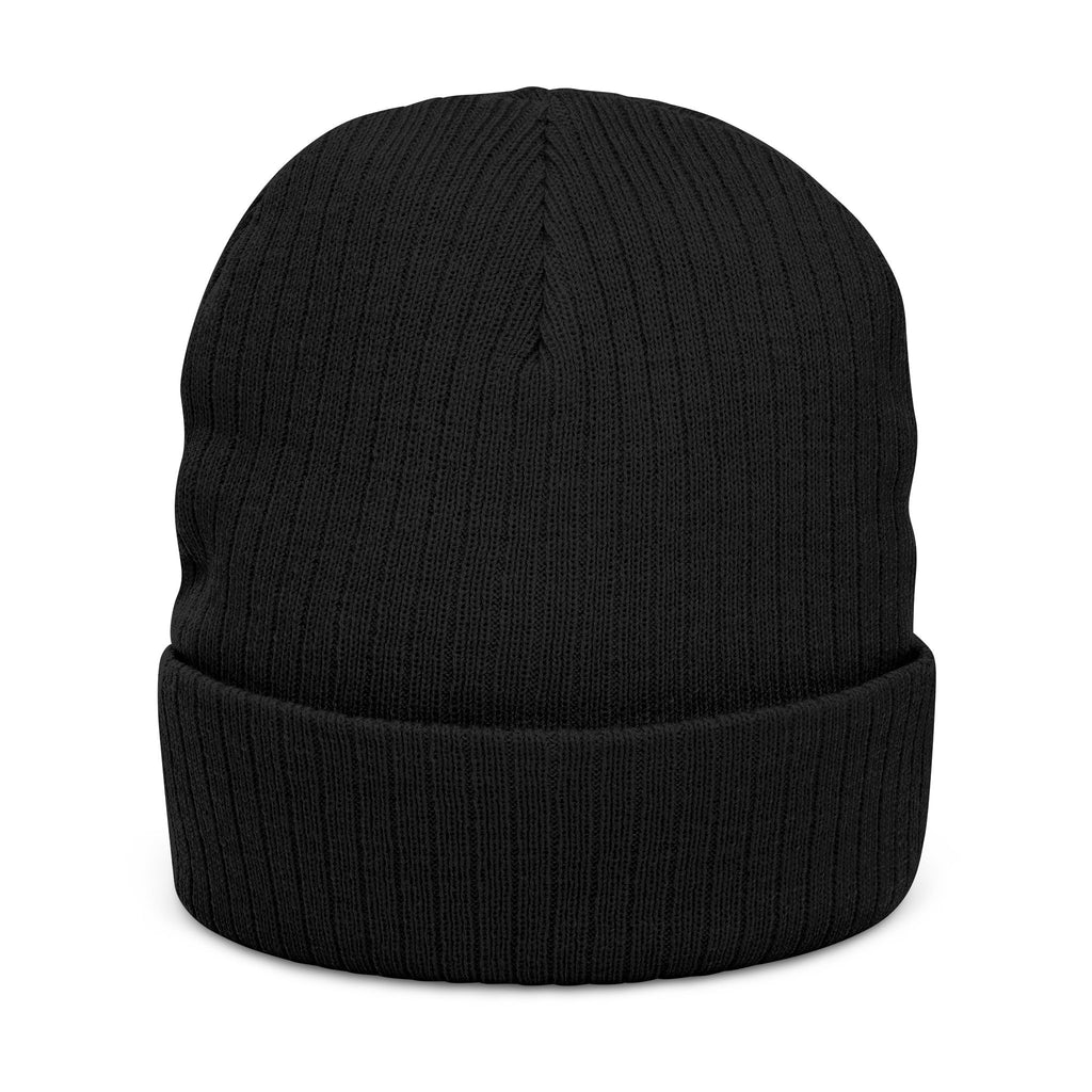 Embroidered Hand Gesture Ribbed Beanie — Minimal Black Knit Hat