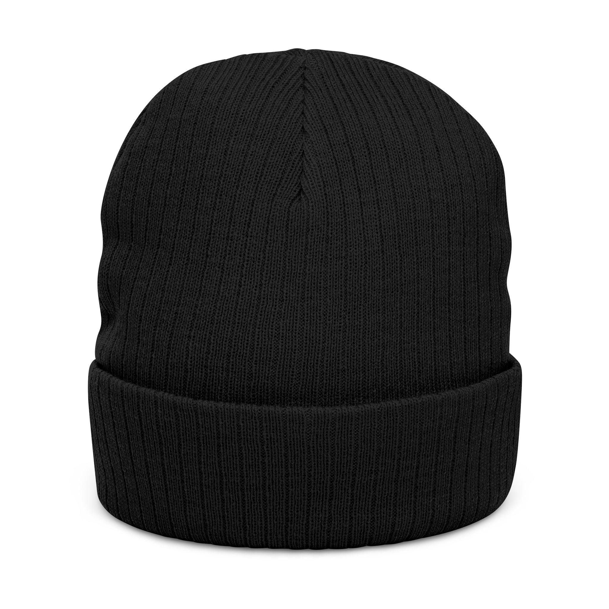 Embroidered Hand Gesture Ribbed Beanie — Minimal Black Knit Hat