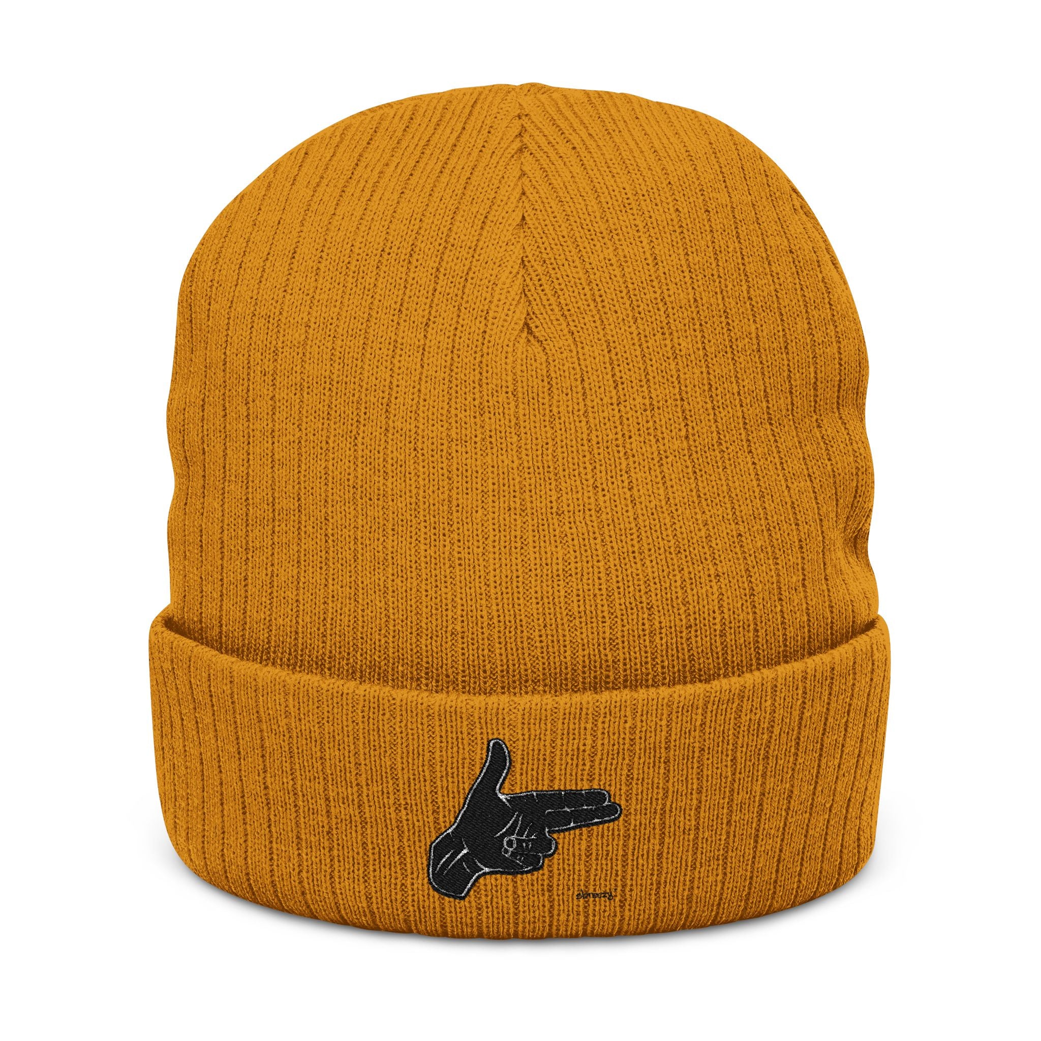 Embroidered Hand Gesture Ribbed Beanie — Minimal Black Knit Hat